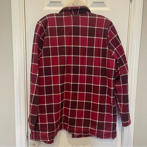 LL Bean Jacket Womens MP Red Plaid Sherpa Lined Open Pocket Collared Heavyweight - Picture 2 of 7